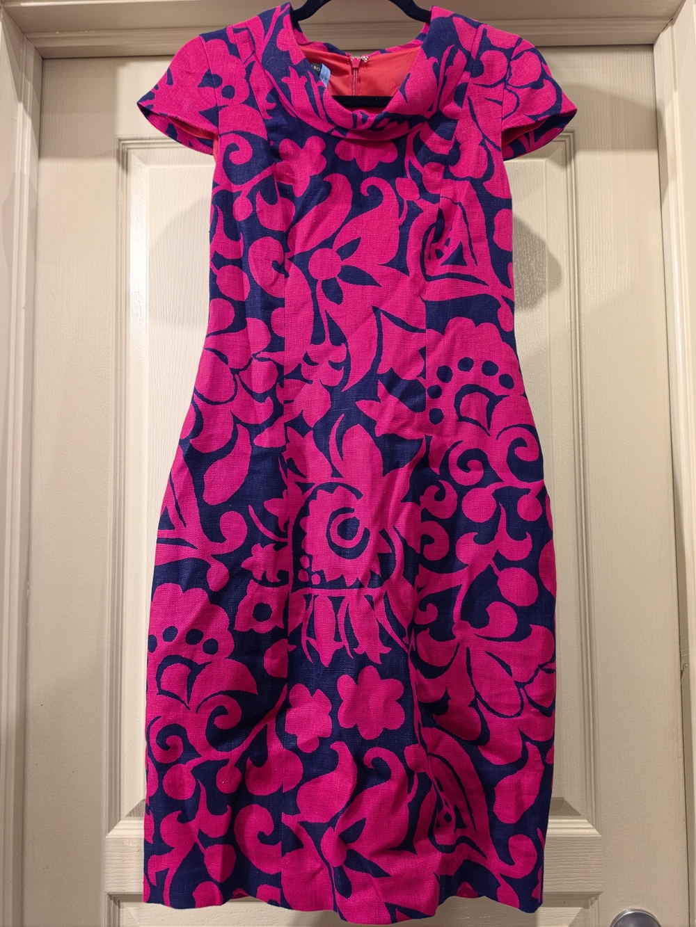Talbots Pink & Navy Floral Cap-Sleeve Cowl Neck Dress